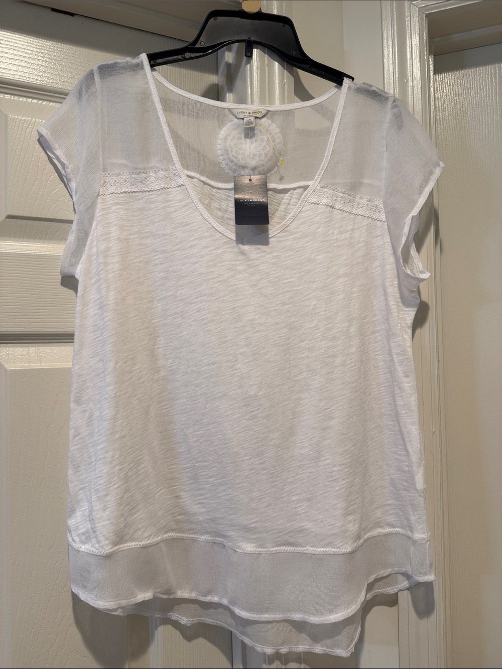 NWT Lucky Brand WHT Sheer Panel Lace Trim Embroidered Crochet Dainty Coquette L